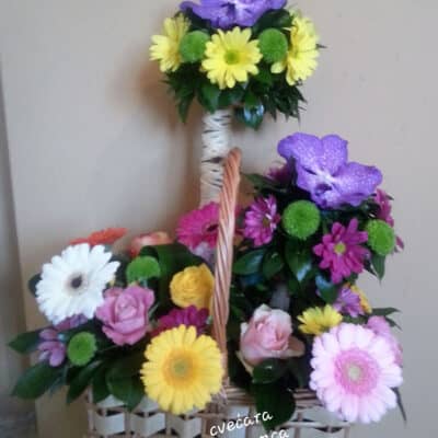 Cvetni aranžman – korpa sa cvećem – gerber, orhideja, ruža, hrizantema, zelenilo